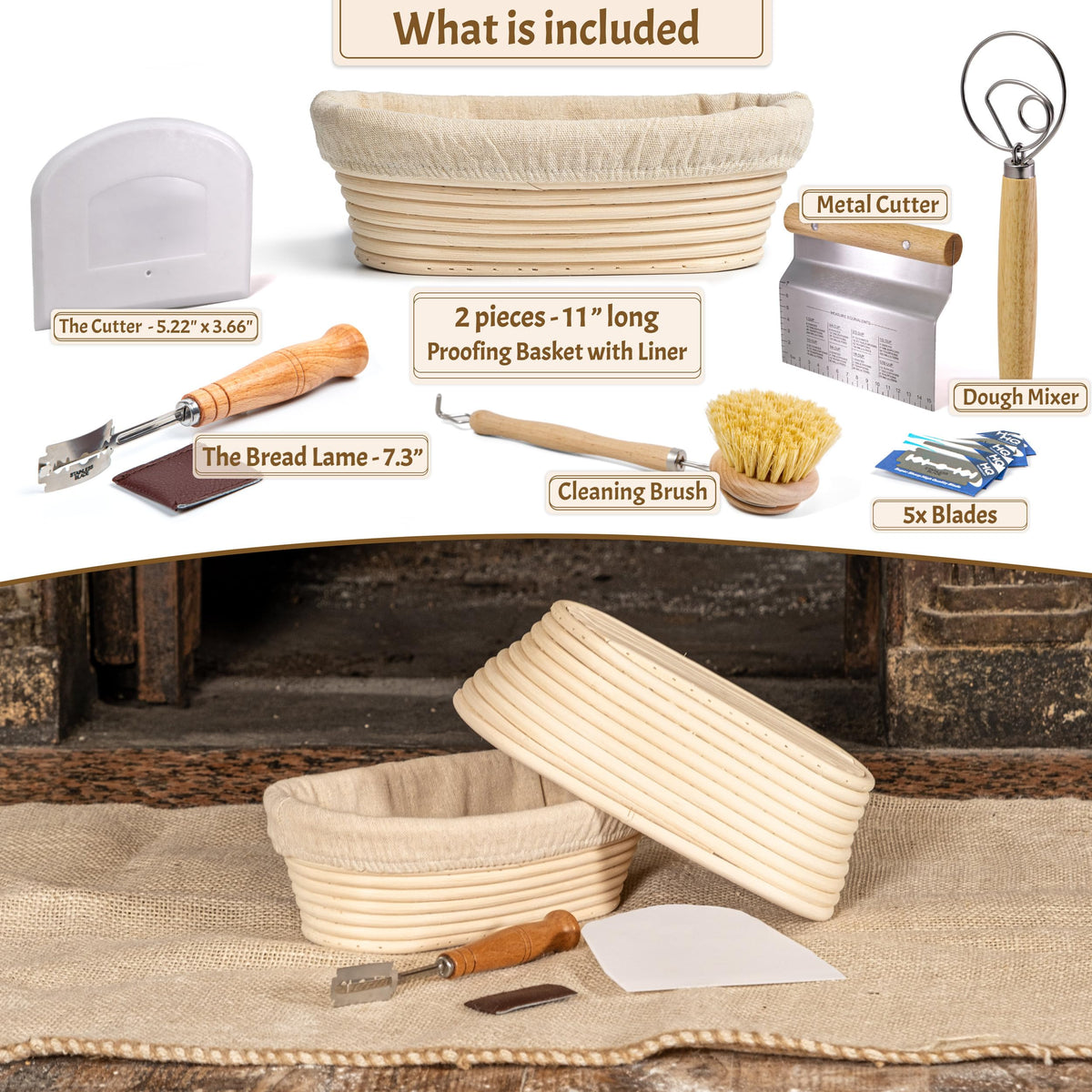 CRISS ELITE 11" Oval Banneton Proofing Basket Set of 2 - Sourdough Starter Kit with Bread Lame, Danish Whisk, Metal & Bowl Scrapers, Cleaning Brush - Professional Artisan Baker Gift Set