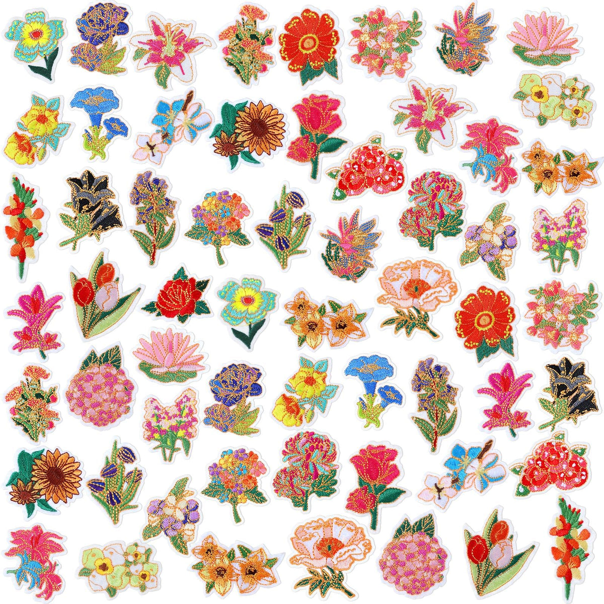 Thiccywoov 60 Pcs Flower Iron on Patches Bulk Embroidered Spring Floral Iron on Hat Patch Rose Sunflower Lily Daisy Peony Tulip Applique Sew on for Hat Clothing Shirt Backpack Jeans Pants DIY Craft