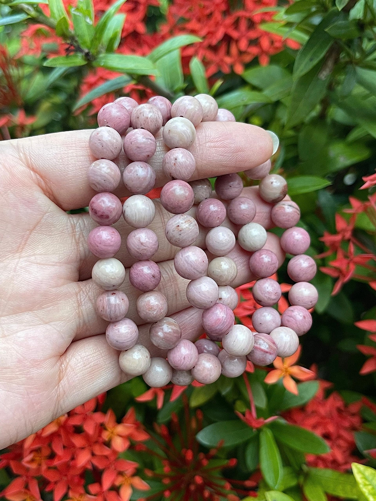 GAF TREASURES Rhodonite Crystal Bead Bracelet 8mm, Genuine Rhodonite Stretch Gemstone Bracelet, Healing Crystal Bracelet, Gift for Men & Women (1)