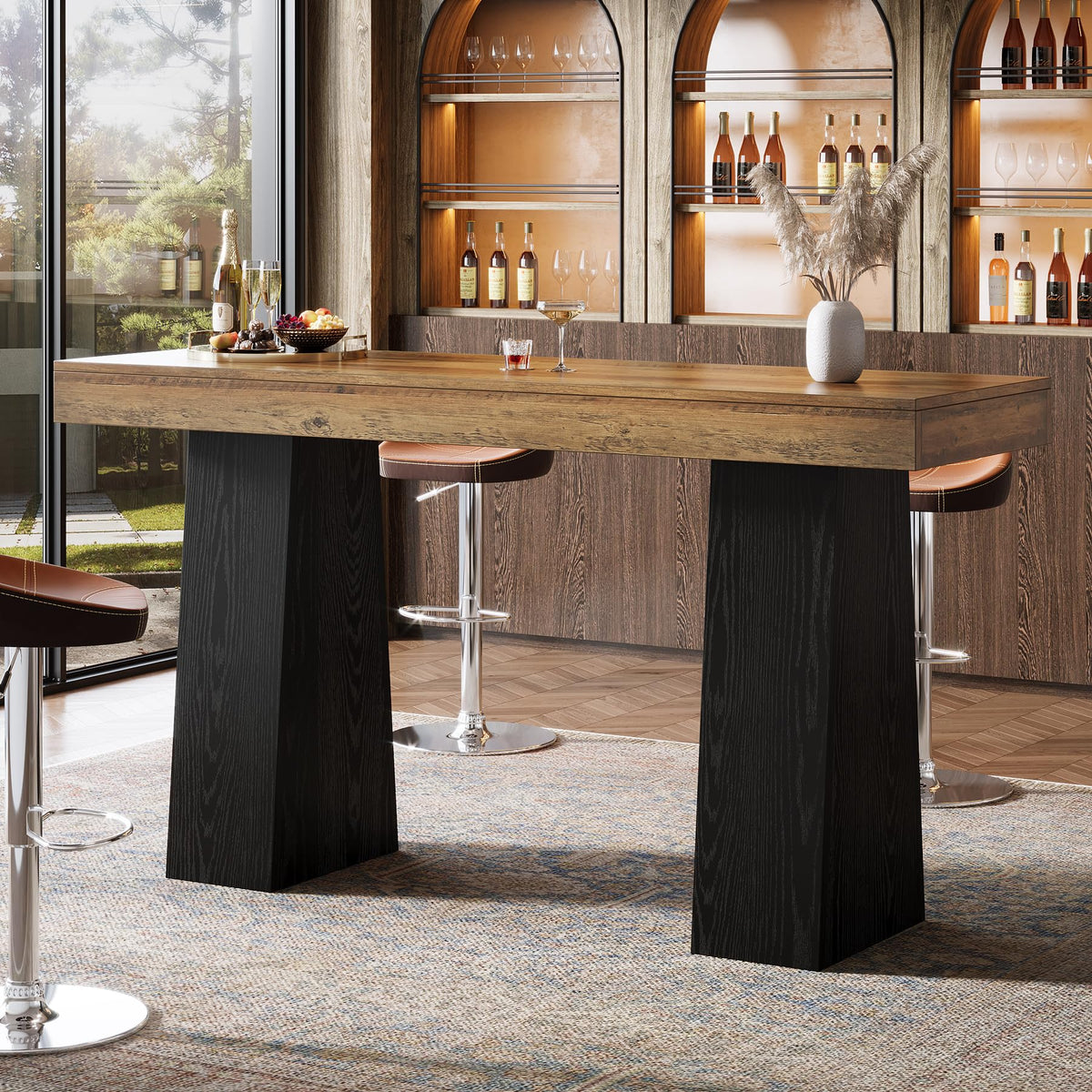Tribesigns 63-Inch Bar Height Table, Wood Rustic Counter Height Table, Rectangular Home Bar with Thickened Tabletop and Sturdy Base for Kitchen, Dining Room, Living Room, Pub, Brown & Black (1)
