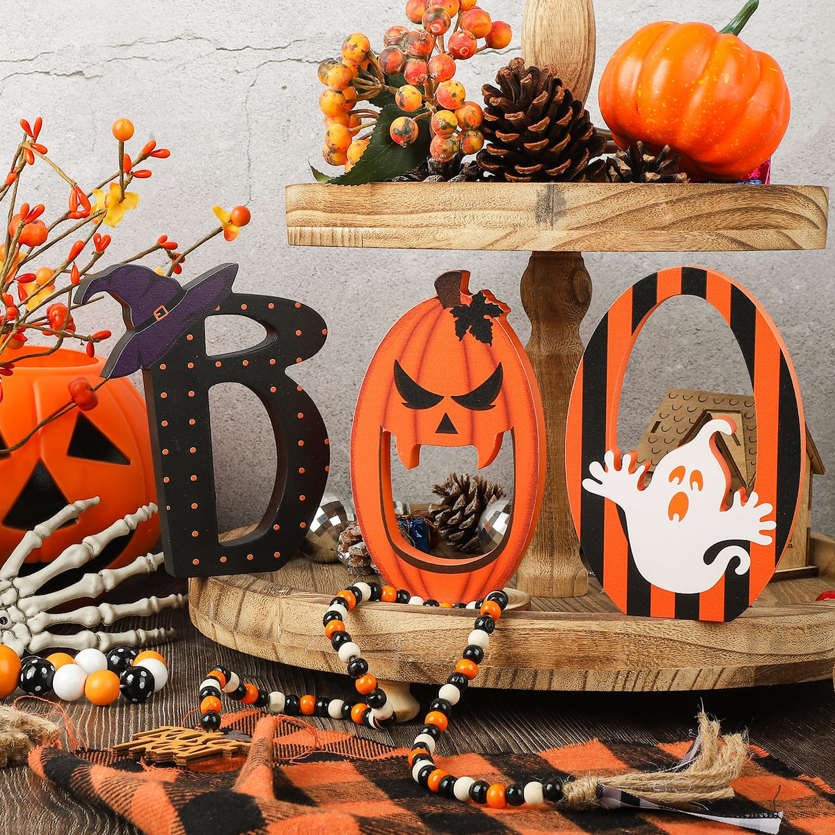 COCHIE BOO Signs Halloween Table Decorations Indoor, Retro Halloween Black Orange Tiered Tray Decor Set of 3, Wooden Happy BOO Day Decoration Sign for Party Home Shelf Display (Ghost)