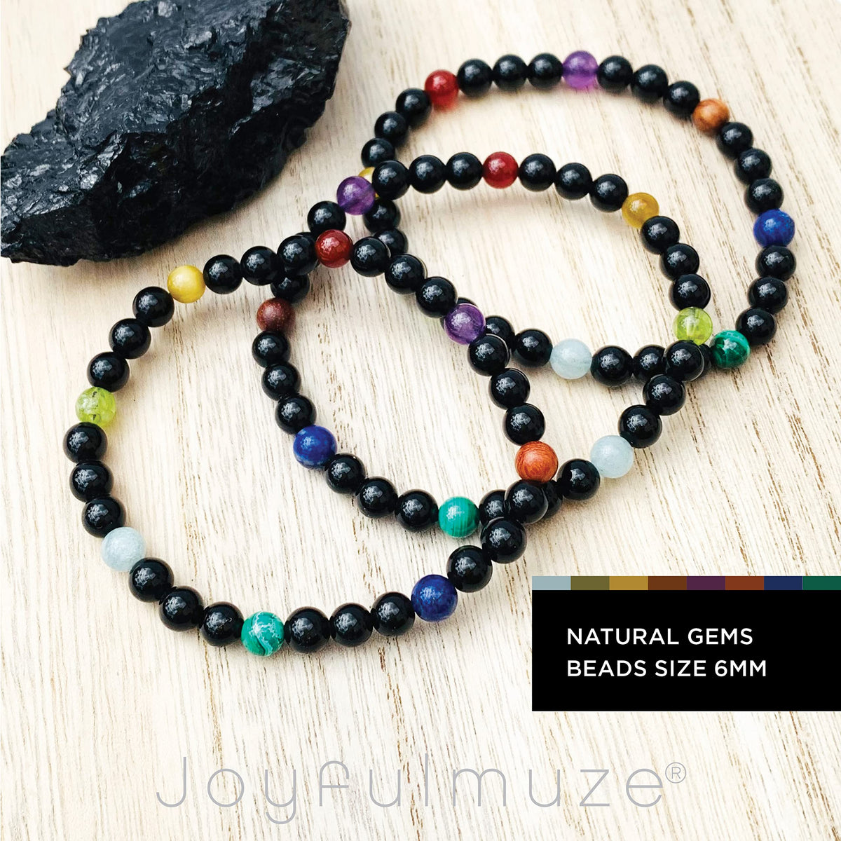 Joyfulmuze Black Obsidian Stretch Bracelet for Men, Multiple Natural Gemstones Yellow Tiger Eye, Green Peridot, Amethyst, Wood, Carnelian, Malachite, Aquamarine, Handmade Gift Chakra Jewelry, 6mm
