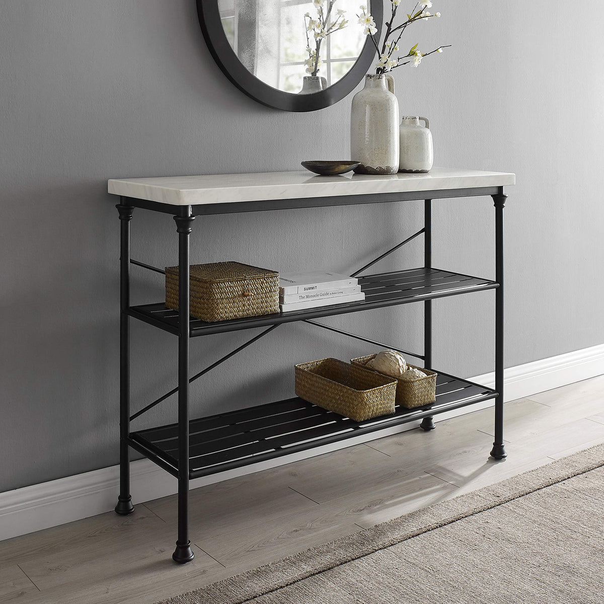 Crosley Furniture Madeleine Sofa Console Table with Storage Shelves for Hall, Entryway, or Living Room, Steel with Faux Marble Top