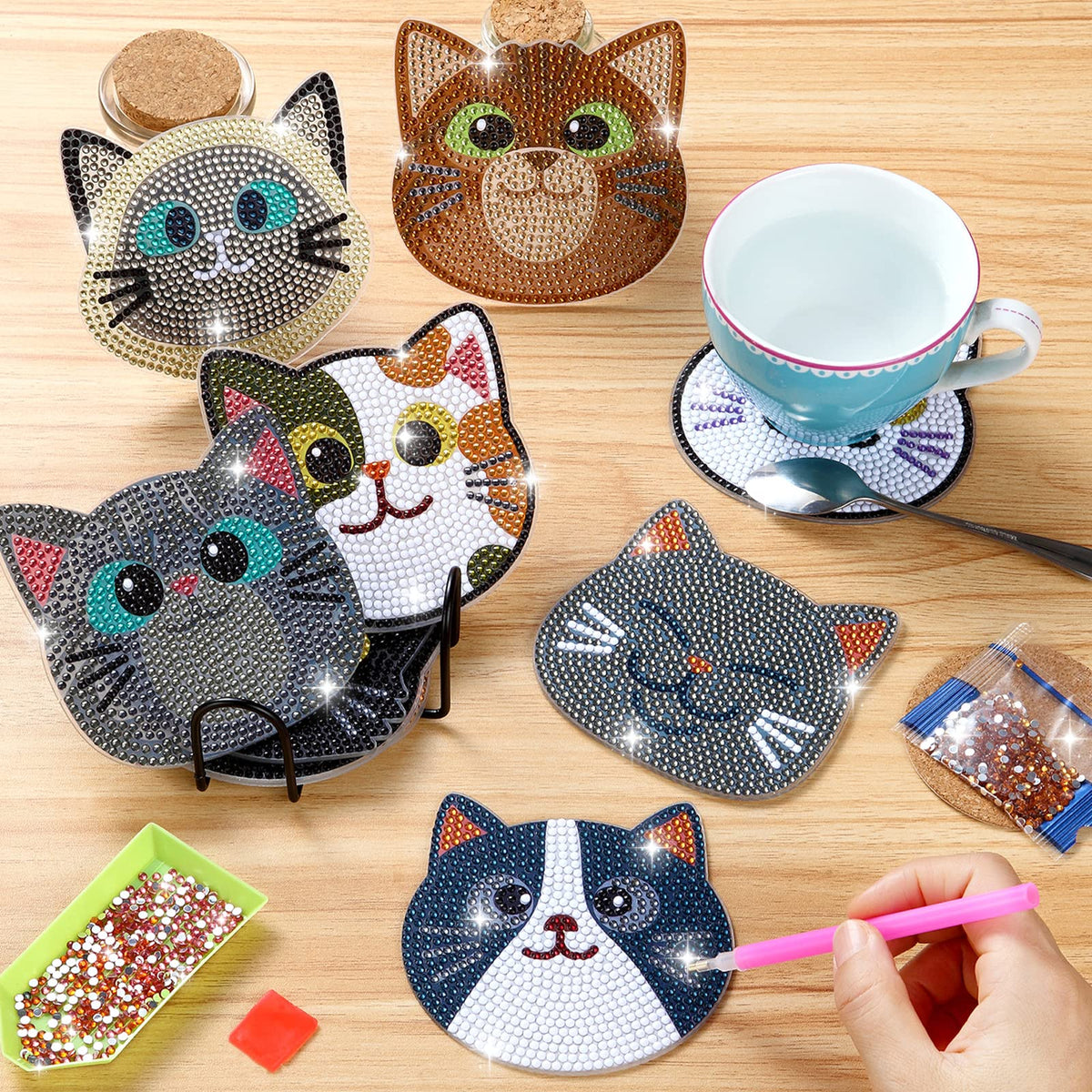 Insnug 10PCs Diamond Painting Coasters Set - Cat Theme Diamond Art Coasters Painting Kits for Kids Adult Dots, Arts and Crafts DIY Kits for Adults and Kids Gift for Valentine's Day