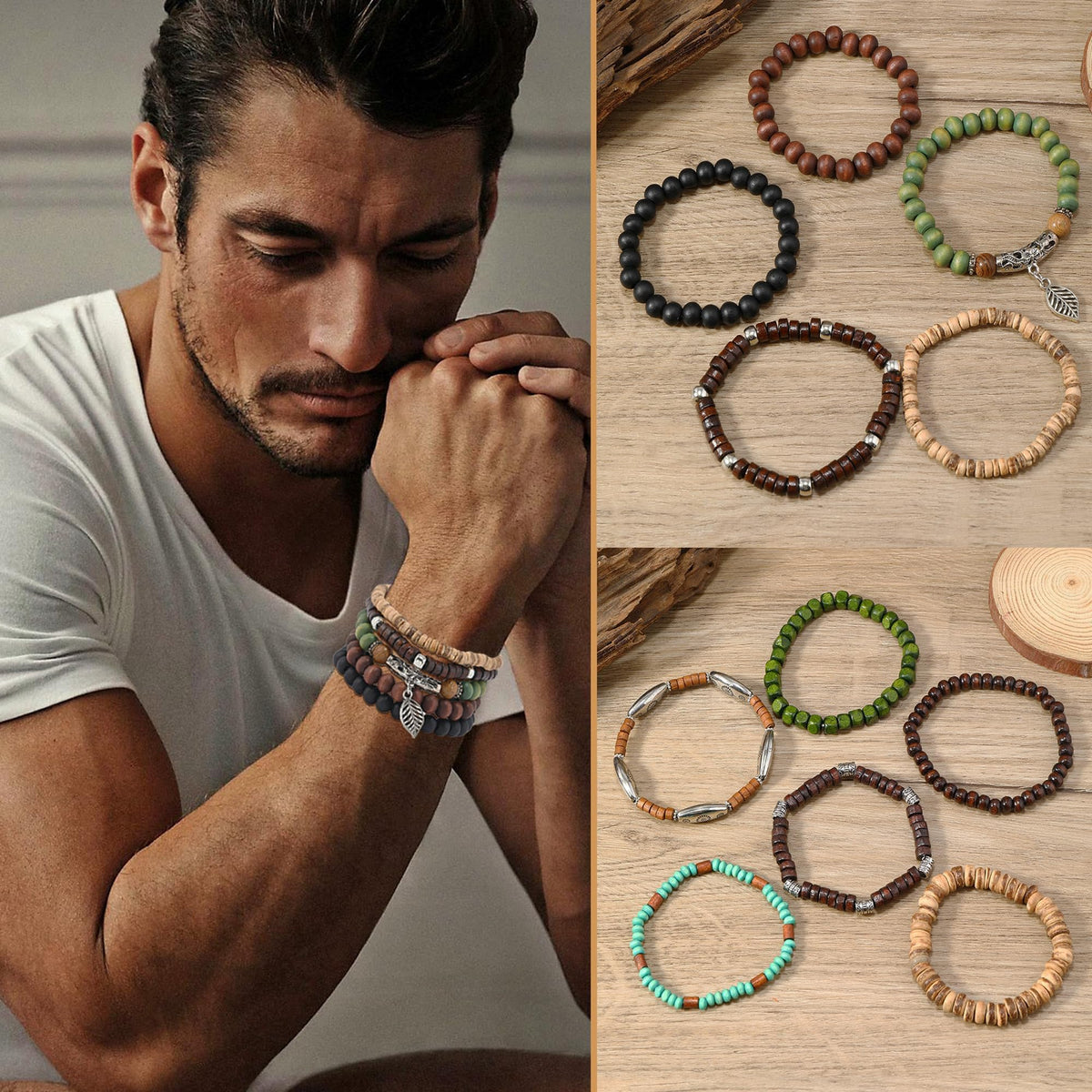 SONNYX 43Pcs Punk Wooden Beads Bracelets Gothic Bracelet for Men Adjustable Vintage Beaded Bracelet Metal Set Wood Bangles Wristbands Commemorative Gift