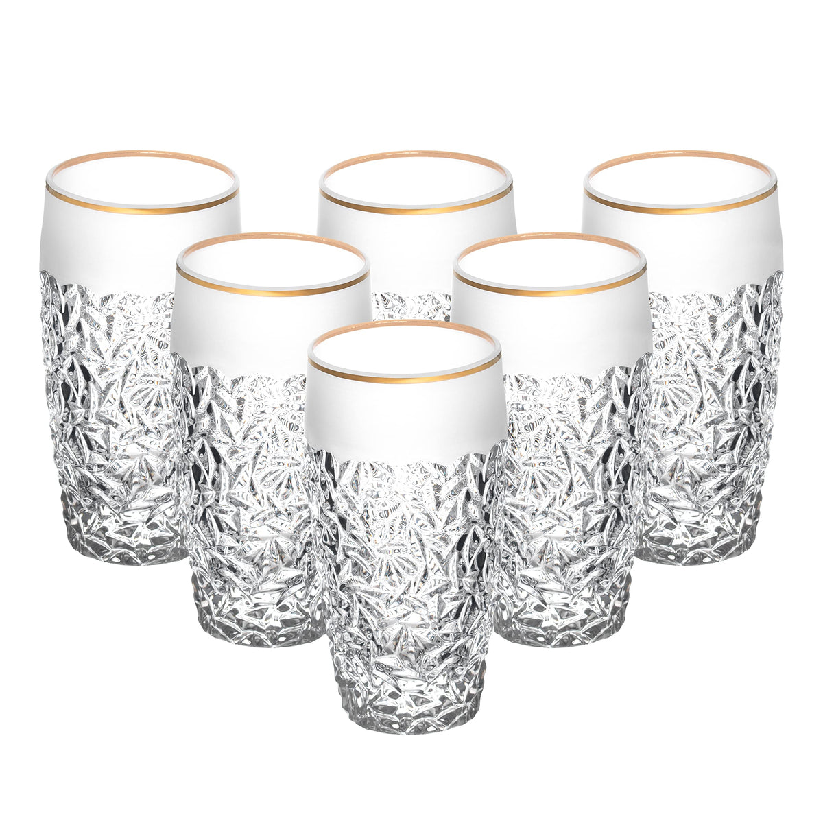 Barski - European Quality Glass - Crystal - Set of 6 - Highball - Hiball Tumblers - 16 oz. - Raindrop Design with Frosted Border and Gold Rim on Tumbler - Glasses are Made in Europe