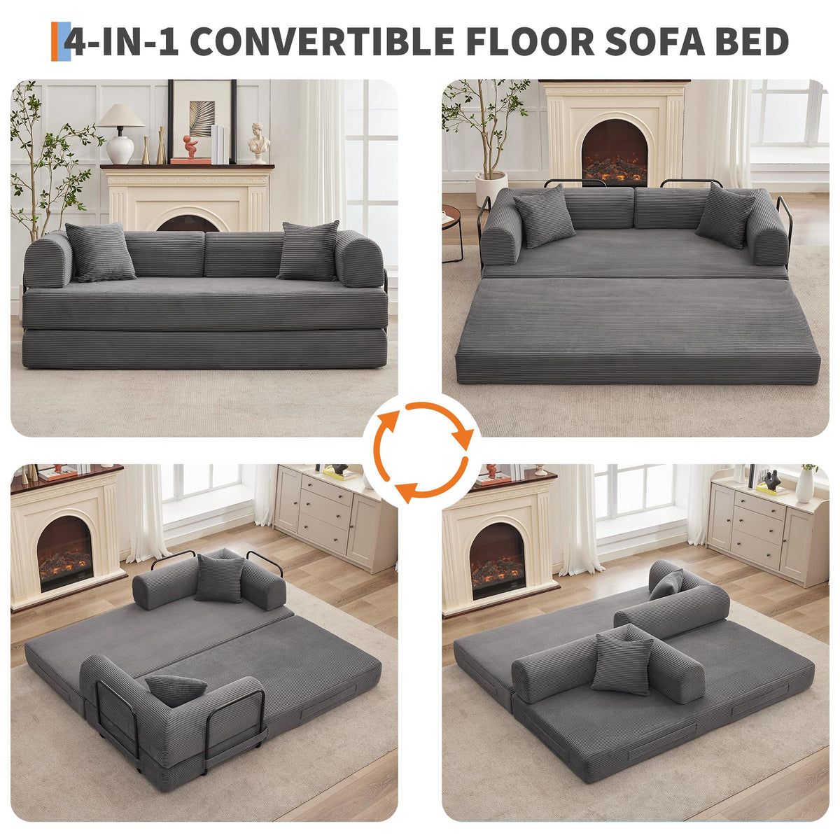4 in 1 Convertible Sleeper Sofa Bed, 78.7" Boneless Corduroy Floor Couch with Pillows, Folding Futon Loveseat, Deep Seat Pull Out Sofa for Living Room, Apartment, Bedroom, No Assembly Required, Gray
