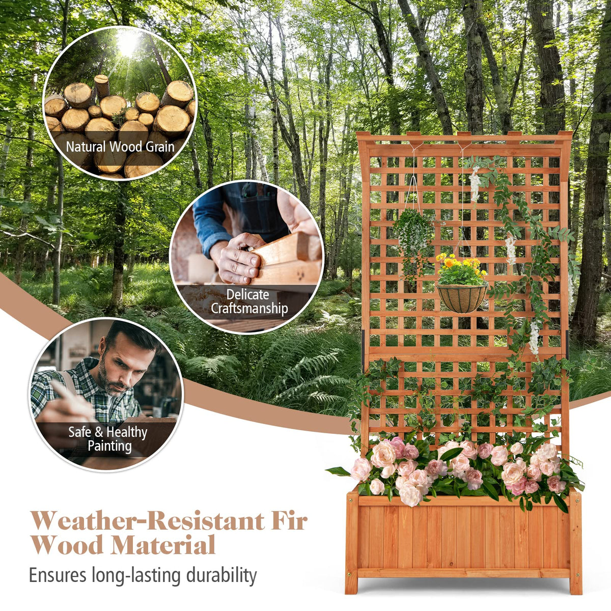 CHEFJOY Wooden Planter Box with Trellis, 72.5” Freestanding Garden Planter w/Hanging Roof, 4 Drainage Holes & Lattice Panel, Raised Garden Bed with Trellis for Vine Climbing Plants Flowers (2)