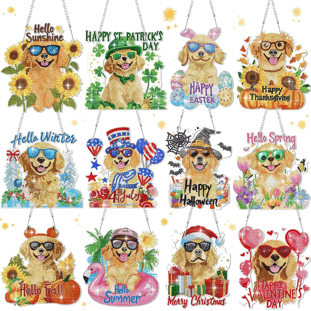 Cinnvoice 12 Pcs Seasonal Diamond Art Wreath Kits Holiday 5d DIY Diamond Painting Signs Germ Hanging Art Ornaments for Wall Door Decorations (Dog)