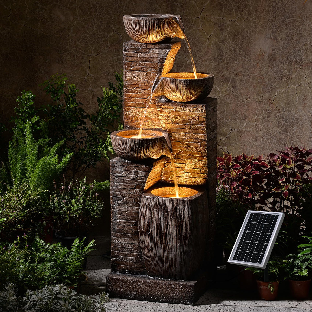Pivotify 38.2" Tall Solar Powered Water Fountain for Outdoor,4 Tiers Modern Cascading Bowls and Stacked Stones Solar Fountains with LED Lights for Garden, Patio, Deck, Backyard and Home Art Decor