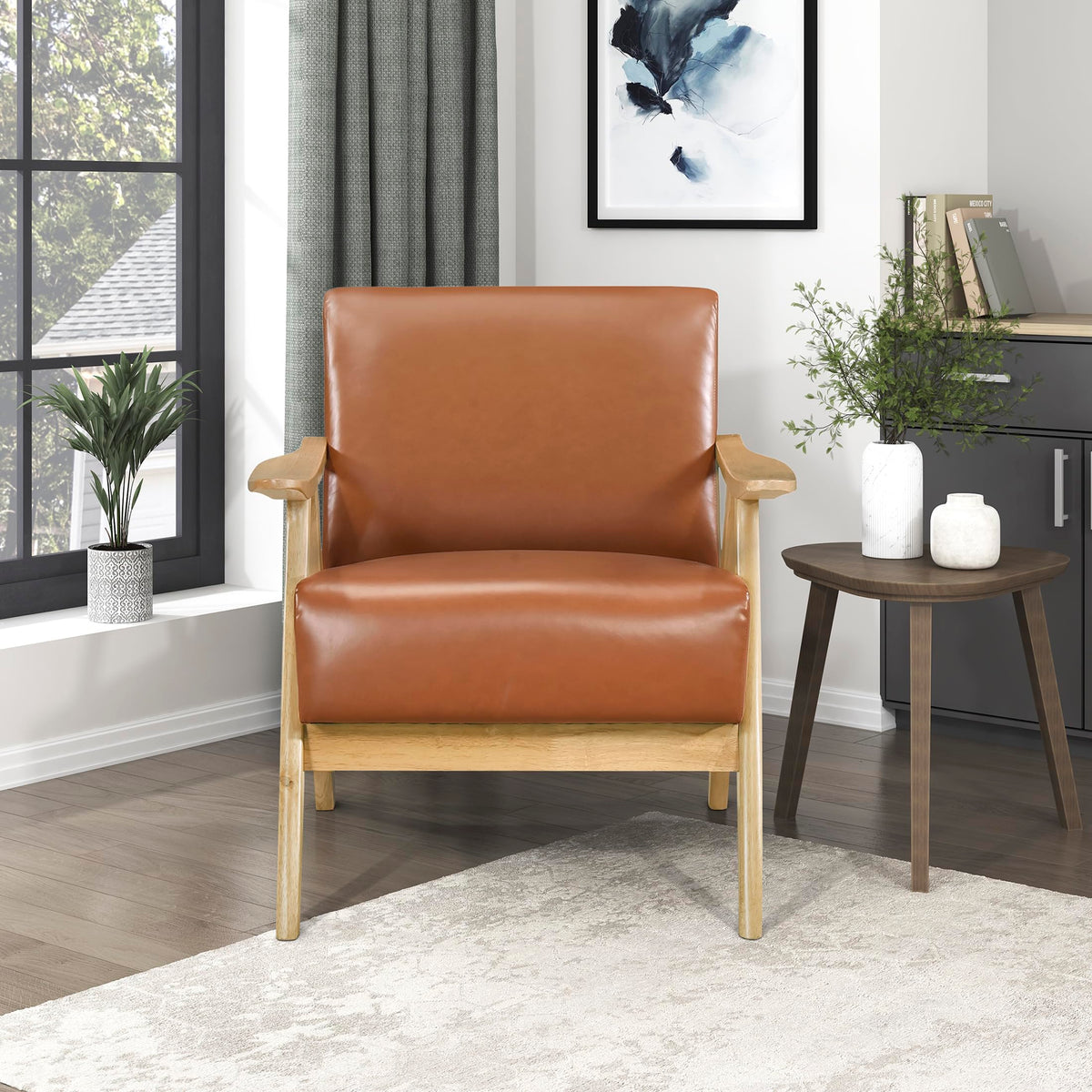 Lexicon Mid Century Modern Accent Chair with Solid Wood Frame in Natural Finish, Faux Leather Living Room Lounge Arm Chair, Thick and Comfy Innerspring Seat Cushion, Brown