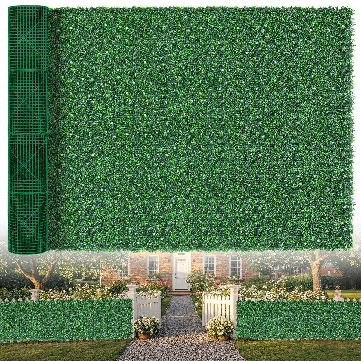 EverNature EverNture 71"x144"(72 SQFT) Grass Wall Panels, Artificial Grass Backdrop, Fake Greenery Plant Boxwood Roll with Flower, Green Wall Decor for Outdoor Indoor Patio Garden Backyard