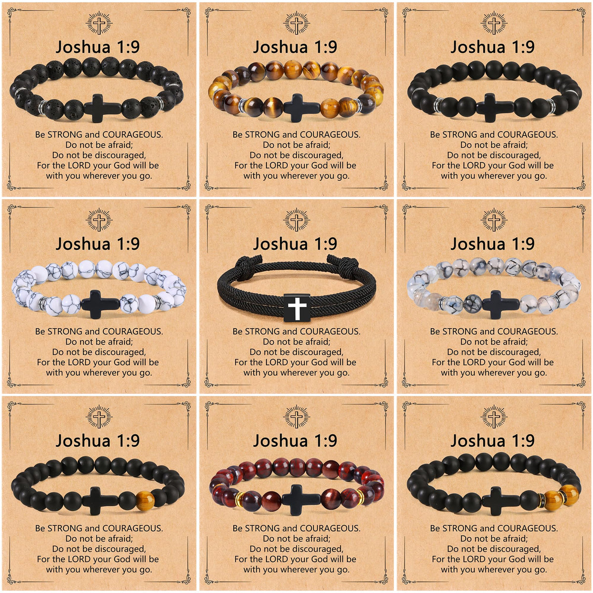 CASDAN 9Pcs Cross Prayer Bracelets for Men 8mm Christian Easter Basket Stuffers Cross Beaded Bracelet Inspirational Faith Based Religious Jesus Bracelets Gifts