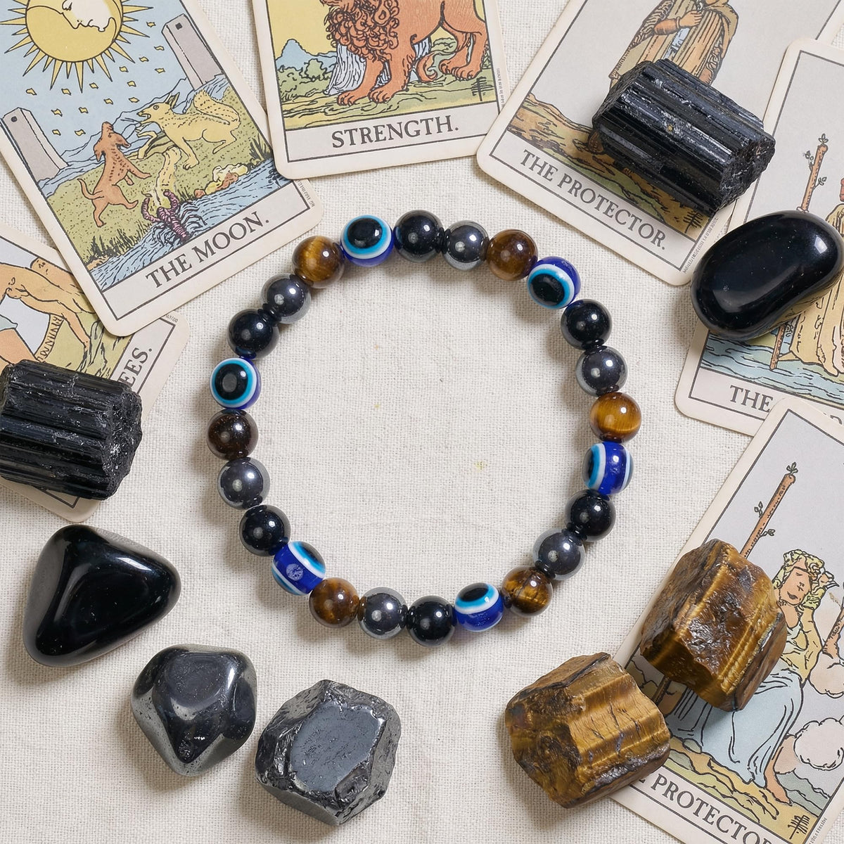 Bivei Evil Eye Bracelets Protection, Strength Crystal Healing Bracelet 8MM with Black Tourmaline, Obsidian & Tiger Eye - Spiritual Stretch Beaded Jewelry for Women Men Gift