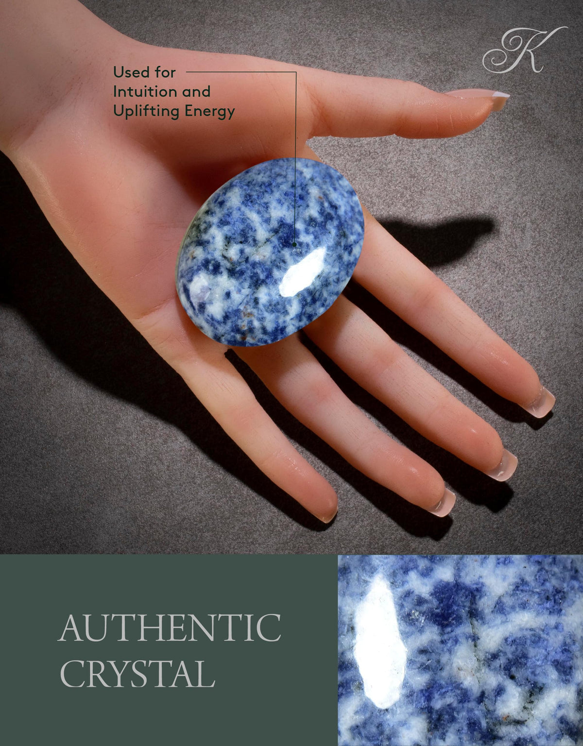 KALIFANO Sodalite Palm Stone - High Energy Iron Sodlita with Healing Properties (Information Card) Reiki Crystal Used for Increased Self Esteem