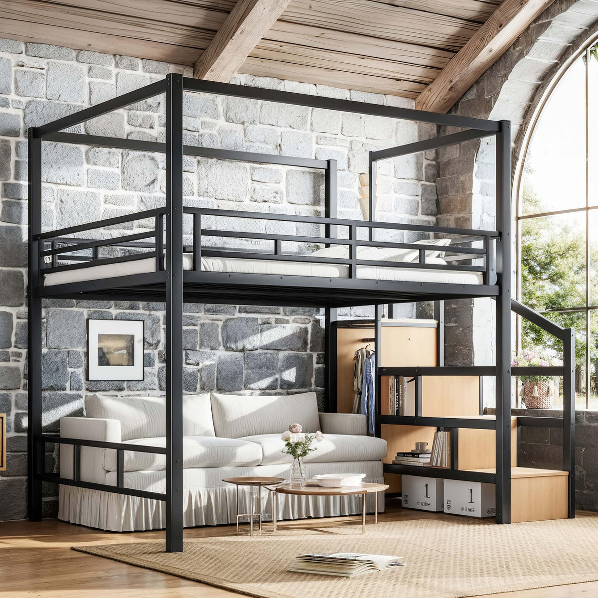 Bellemave Queen Size Loft Bed Frame with Storage Stairs and Wardrobe, Queen Size Game Loft Bed with Canopy Frame, Heavy Duty Loft Bed for Adults Teens Black