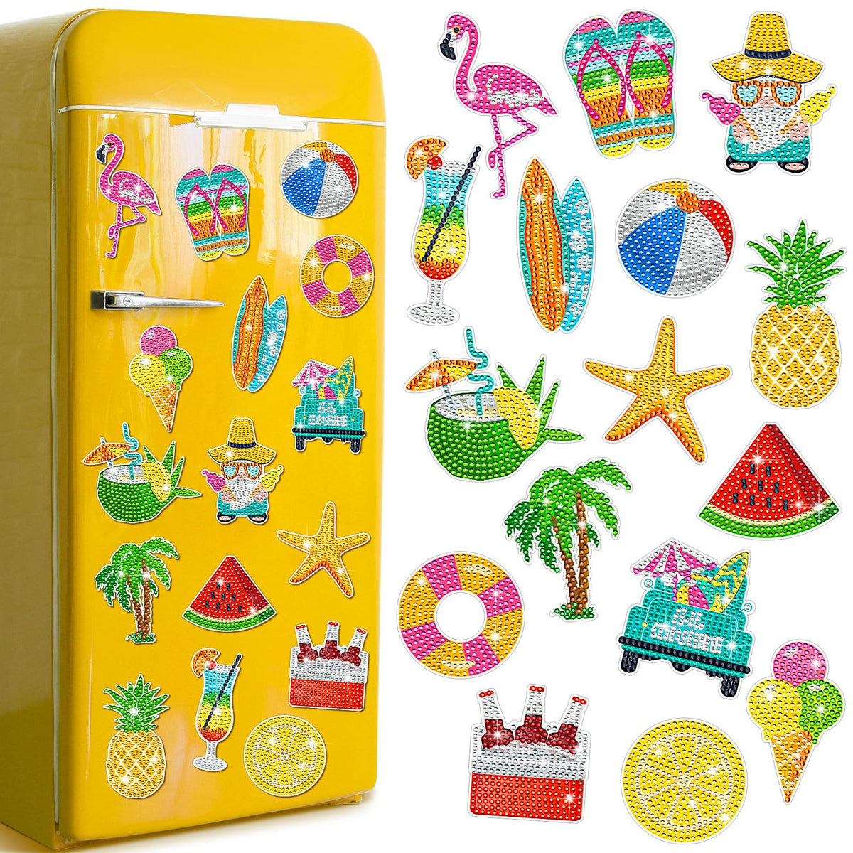 Xuhal 16 Pcs Summer Beach Diamond Painting Fridge Magnets Kit Tropical Hawaiian Diamond Art Magnets for Refrigerator Flamingos Beach DIY Fridge Magnetic Sticker for Adults Crafts Home Decor Gifts