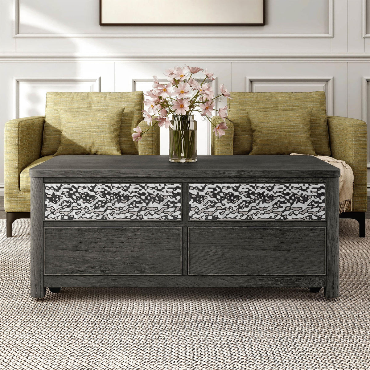 Furniture of America Selyra Modern Contemporary Solid Wood 46-inch Lift-top Rectangular Coffee Table with Dented Stainless Steel Accents, Wire Brush and Ball-Bearing Glides for Living Room, Ash Gray