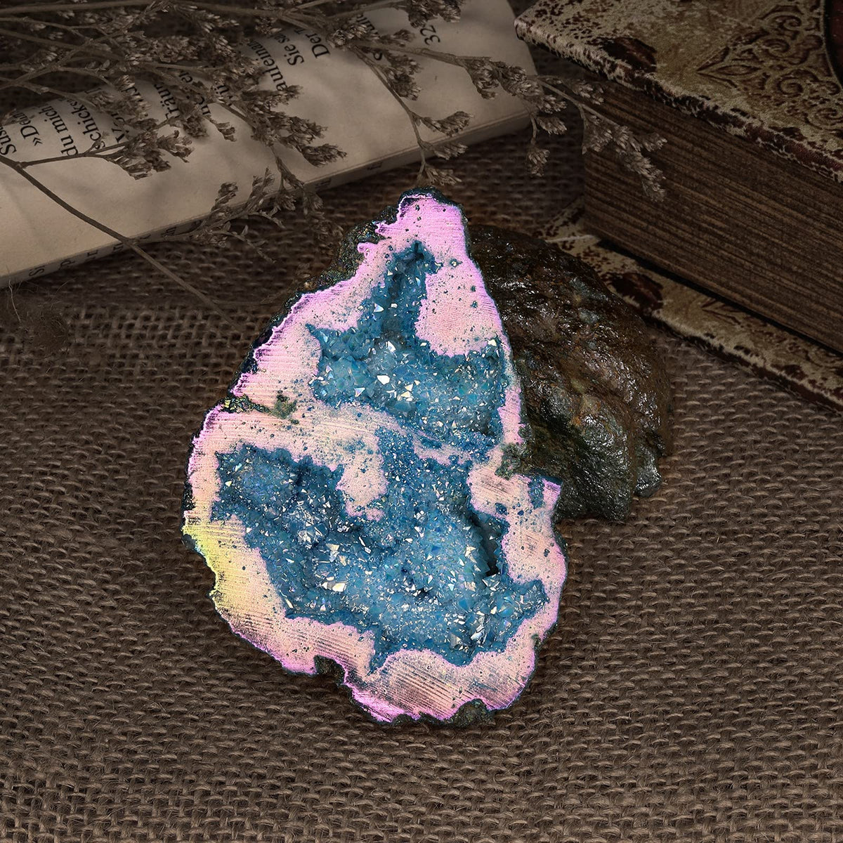 SUNYIK Natural Rainbow Titanium Coated Quartz Geode Quartz Crystal Cluster Specimen for Home Office Decoration Reiki Healing Meditation, 100-200g(0.2-0.4lb), Blue