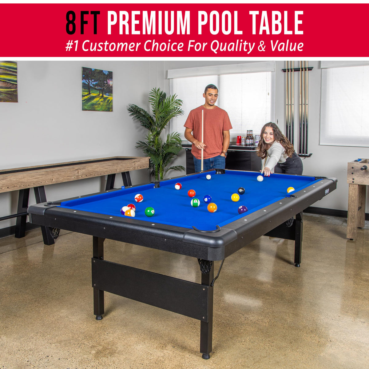 GoSports Full Size 8 ft x 4.2 ft Billiards Game Table - Foldable Design, Includes Full Set of Pool Balls, 2 Cue Sticks, Chalk, and Felt Brush - Blue