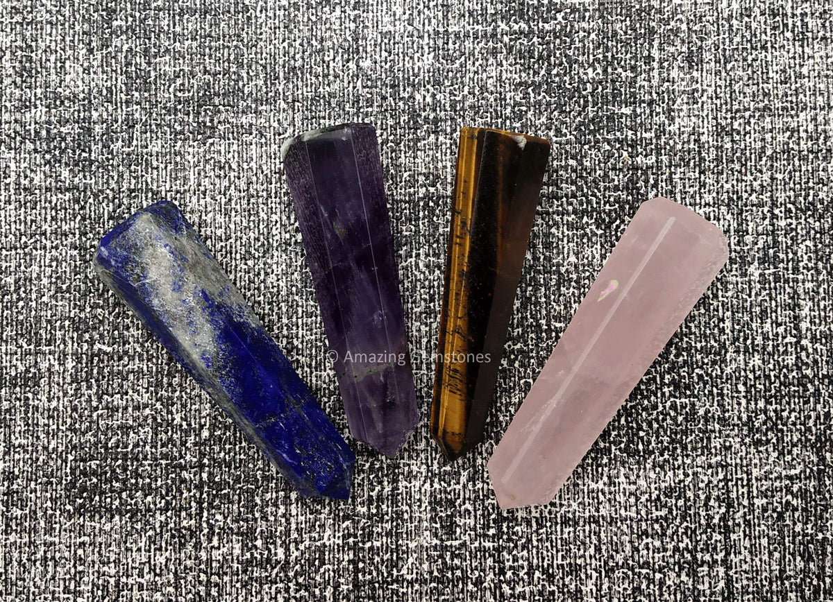 Amazing Gemstone Set of 4 Lapis Lazuli, Tiger Eye, Amethyst, Rose Quartz Crystal Towers - Natural Healing Crystal Point Obelisk for Reiki Healing and Crystal Grid (2 Inch to 3 Inch)