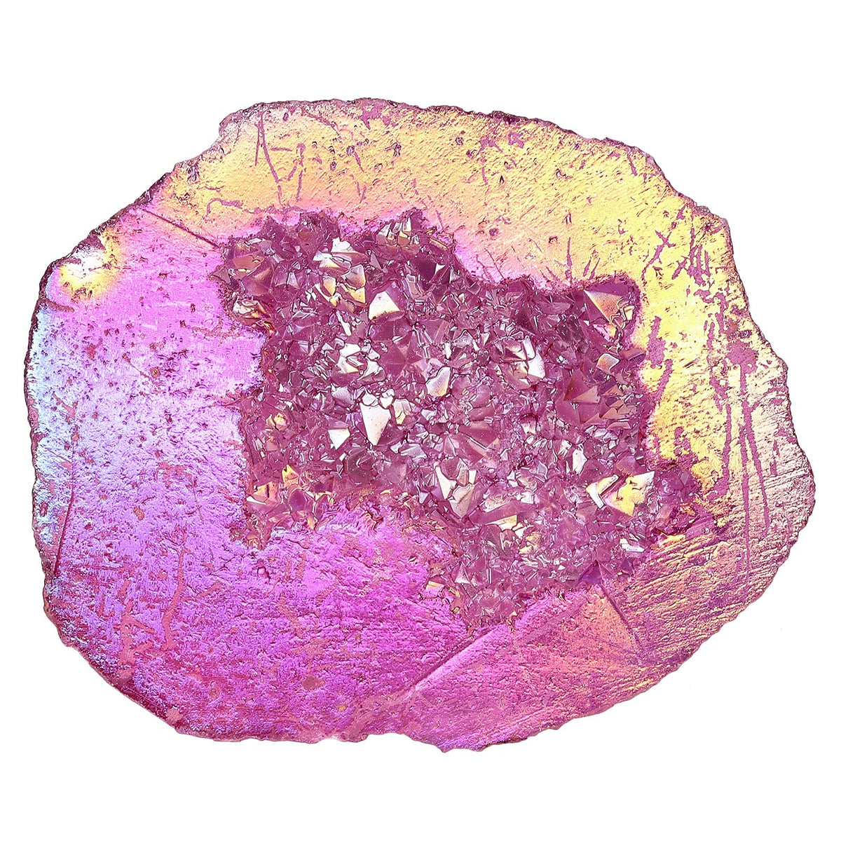 SUNYIK Natural Rainbow Titanium Coated Quartz Geode Quartz Crystal Cluster Specimen for Home Office Decoration Reiki Healing Meditation, 100-200g(0.2-0.4lb), Rose Red