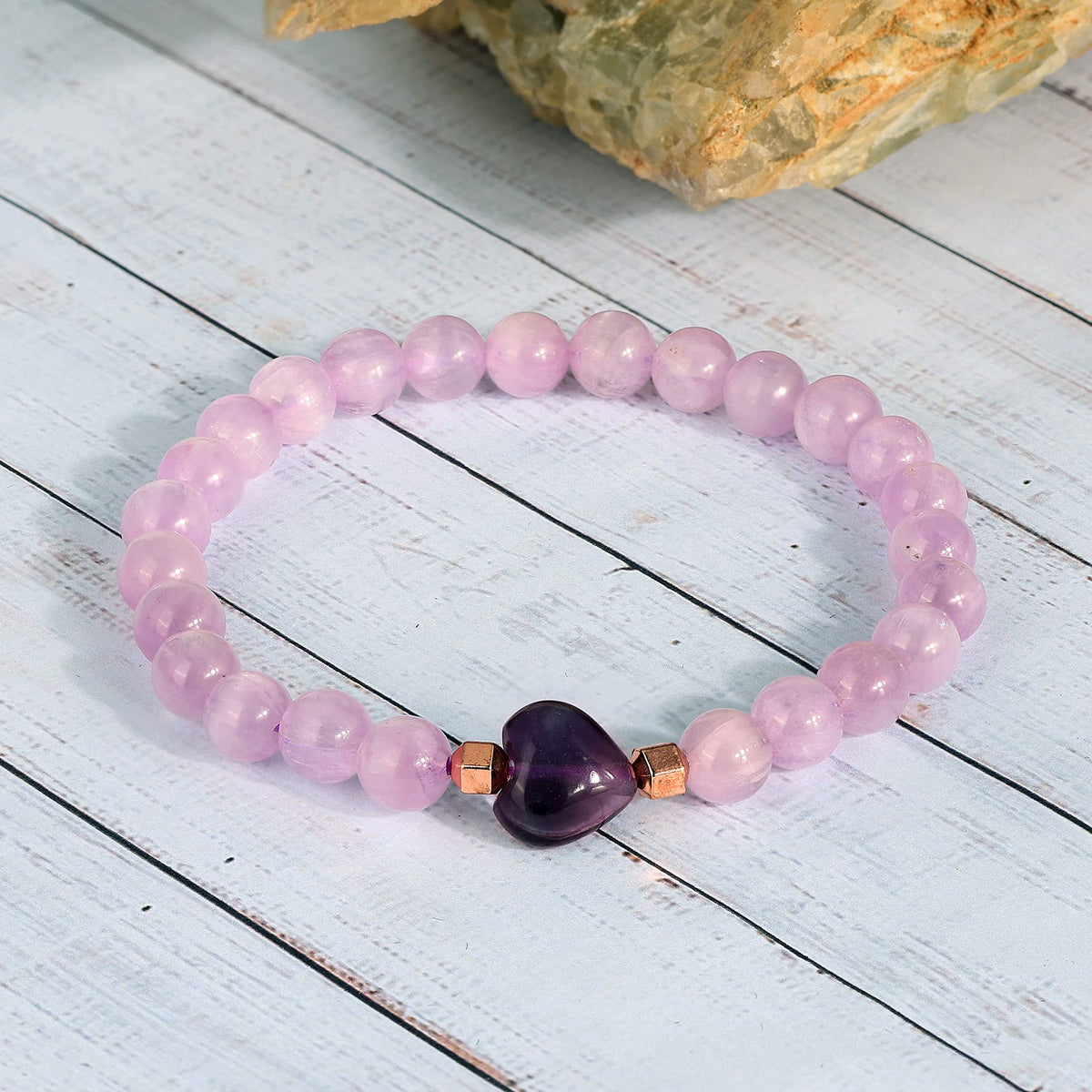 NirvanaIN Kunzite Strech Bracelet With Fluorite Heart Natural Gemstone Handmade Healing Chakra Yoga Bracelet For Women Love (18 cm)