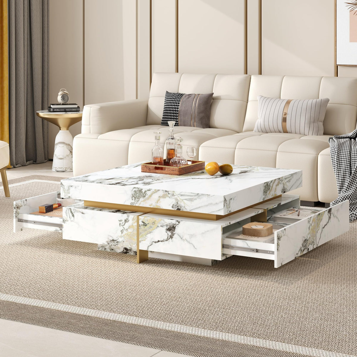 Merax 43.3 Inch Modern Large Square Coffee Table with Marble Textured Top, 4 Built-in Drawers Ample Storage and Floating Suspended Base, Modern Elegance White MDF Storage Center Table for Living Room