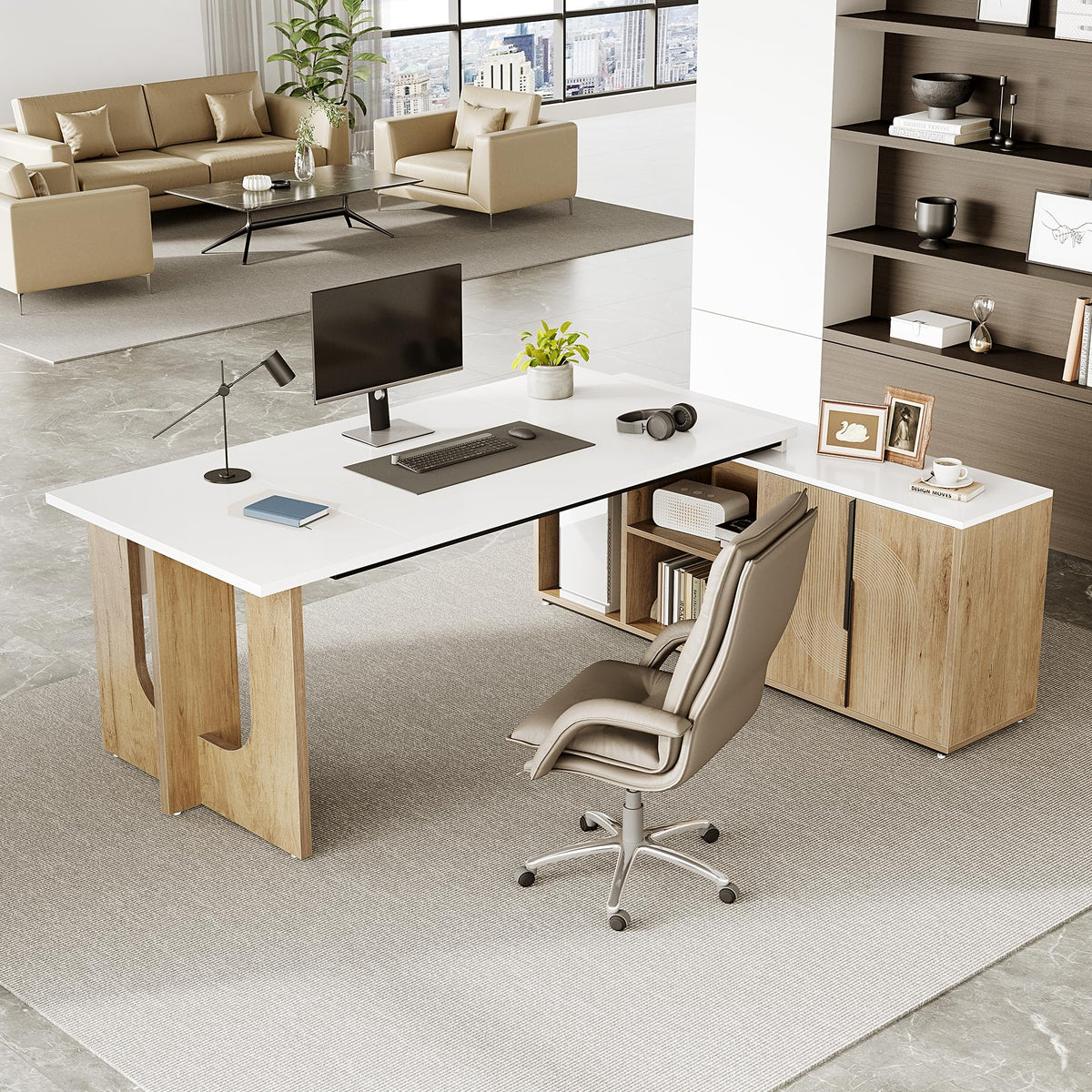 LITTLE TREE 74-Inch Executive L-Shaped Desk with Storage Cabinet & Shelves, Large Home Office Computer Desk, Modern Business Workstation for Professionals (Oak & White)