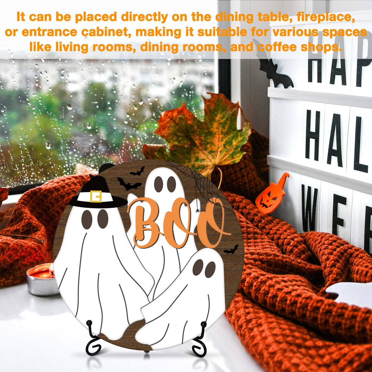 Seclate Halloween Desk Decorations for Home, Ghost Wooden Table Centerpieces 8x8 Inches with Iron Stand for Office Living Room Shelf Decor, Boo Gifts for Women Friends - E08
