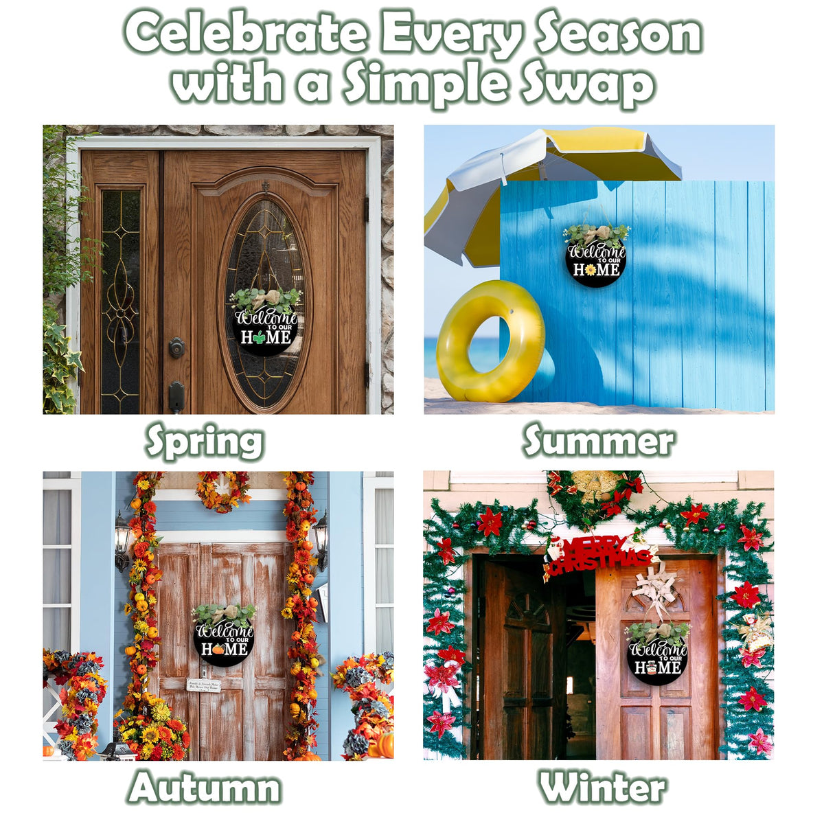 Seasonal Welcome Wood Sign - Rustic Round Wreaths Sign - Interchangeable Front Door Porch Wall Hanging Outdoor Decor - Seasons Holiday Halloween Christmas - Housewarming Gift For Family（Black） - A02