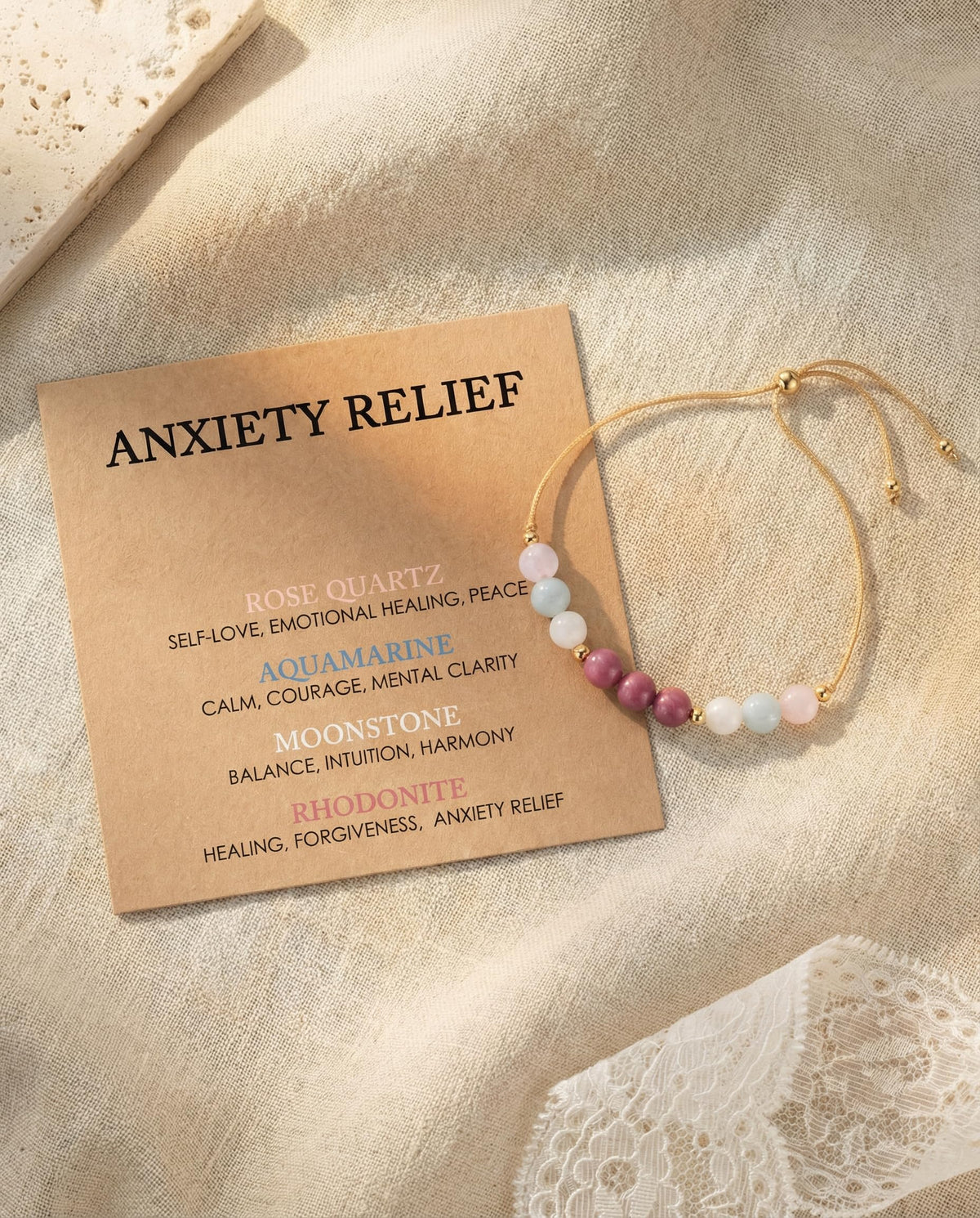 HGDEER Anxiety Relief Items Crystals Beaded Bracelets for Women, Stress Healing Moonstone Rose Quartz Stone Mental Health Gifts Anti Panic Attack Comfort Natural Spiritual Protection Calming