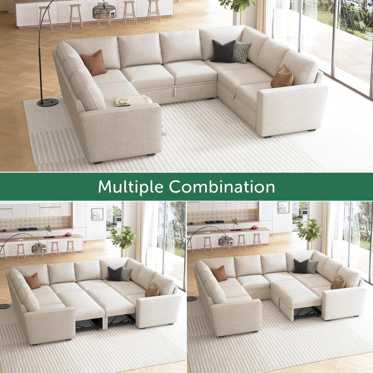 HONBAY Sleeper Sectional Couch with Pull Out Bed, Modular Sofa with Storage Seats, U Shaped Sectional Couches for Living Room, Beige