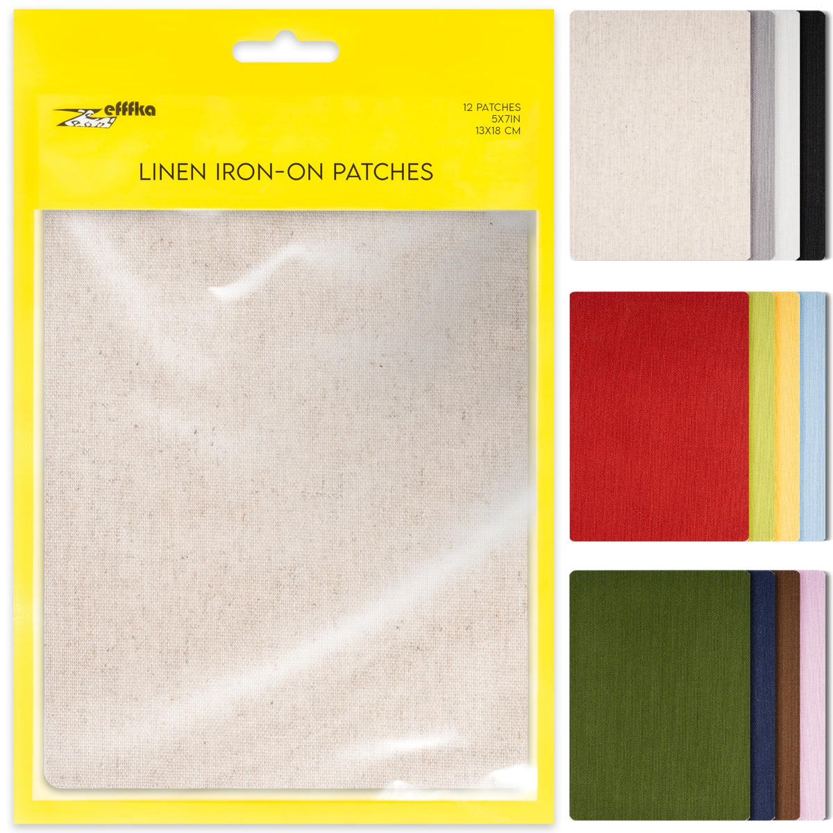 ZEFFFKA 12-Pack Linen Iron-on Patches Fabric Repair Kit for Clothing Shirts Pants Dresses Natural Look Strong Adhesive 12 Colors 30% Linen 70% Cotton 5” x 7”