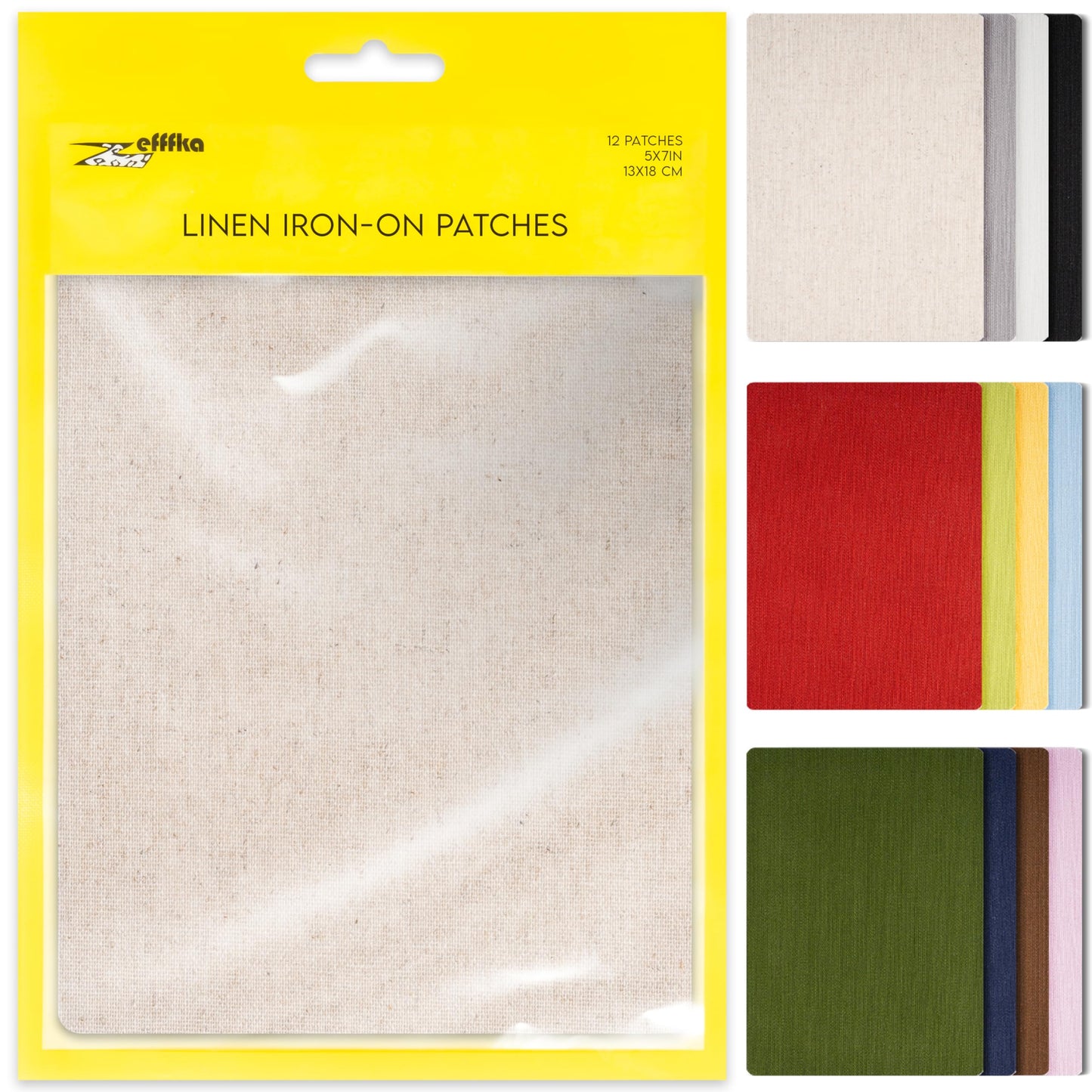 ZEFFFKA 12-Pack Linen Iron-on Patches Fabric Repair Kit for Clothing Shirts Pants Dresses Natural Look Strong Adhesive 12 Colors 30% Linen 70% Cotton 5” x 7”