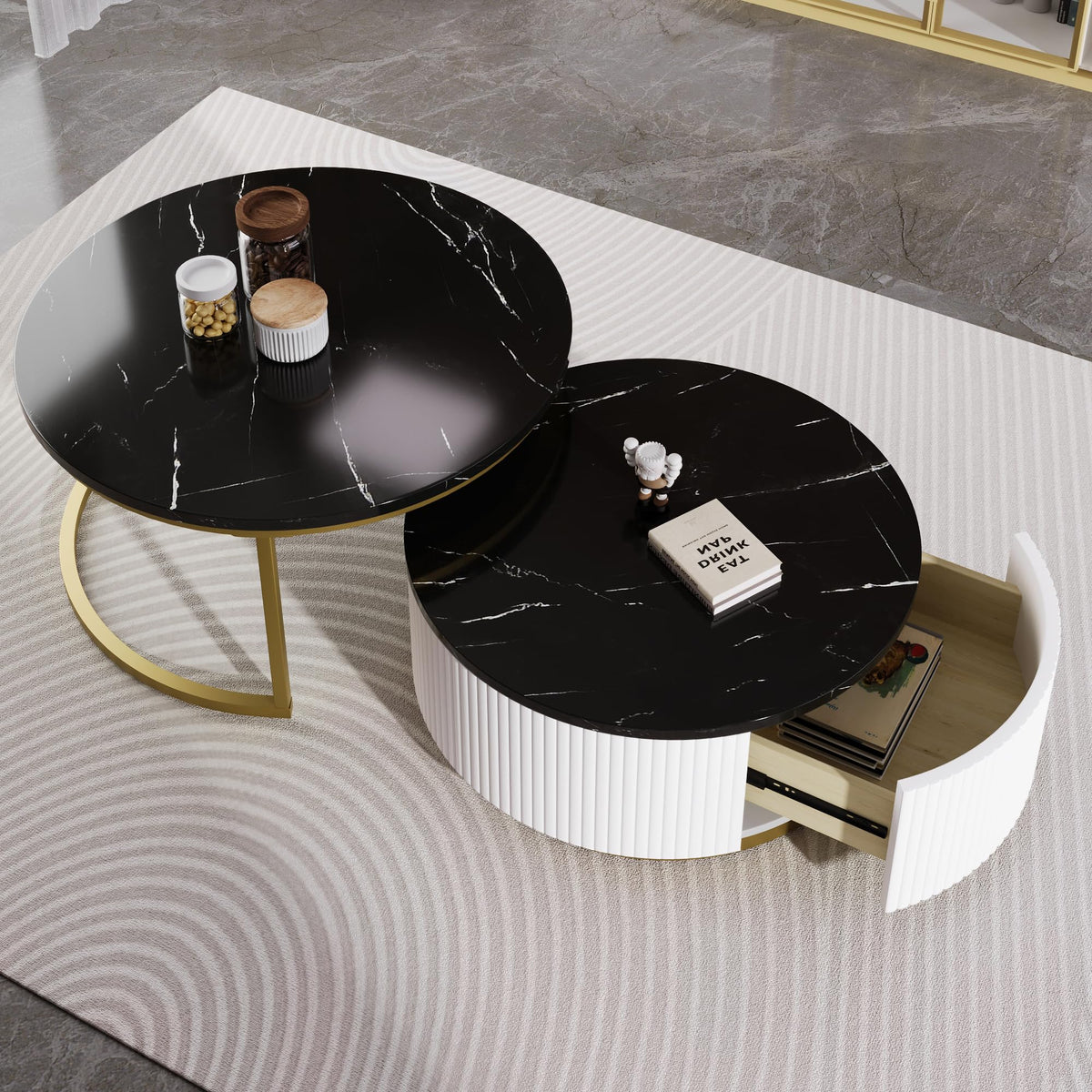 Merax 27.6" Modern Round Nesting Coffee Table Fluted with Drawer for Home Living Room, Black & Gold