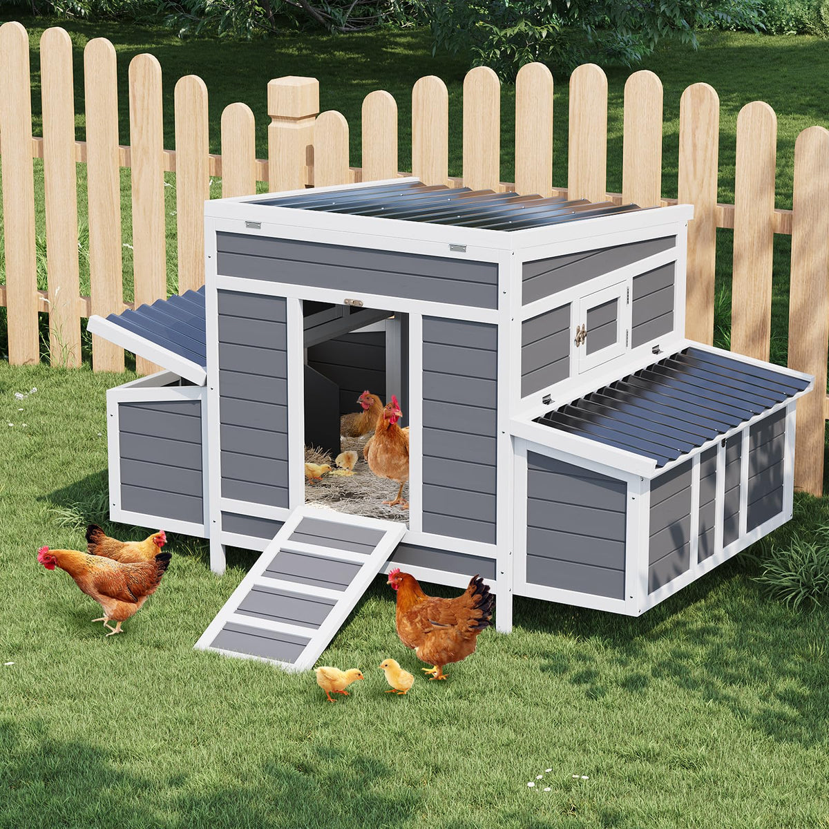 Large Wooden Chicken Coop,Wooden Hen House for 4-6 Chickens – Outdoor Poultry & Rabbit Cage with 6 Nesting Boxes, No-Slip Ramp, Pull-Out Tray, Openable Roof & Window