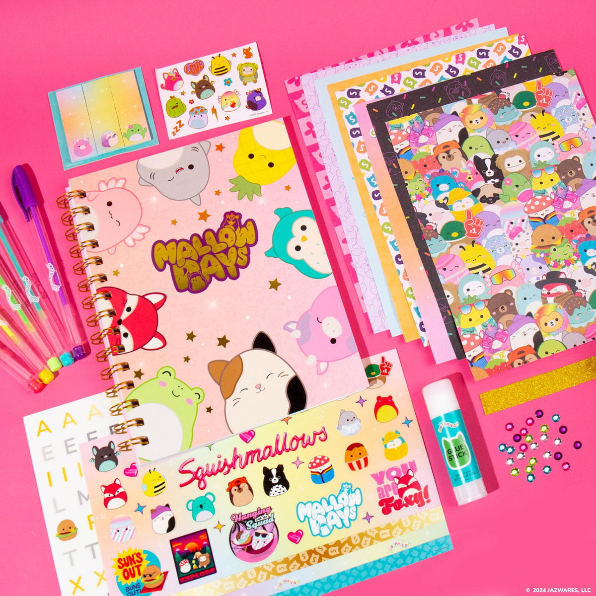 Squishmallows Original DIY Journaling Set, Journaling Kit with Gel Pens, Stickers, Sticky Notes, and Gems, Scrapbook for Kids, Cute Stationary Set, Notebook for Girls, Diary for Girls Ages 8-12
