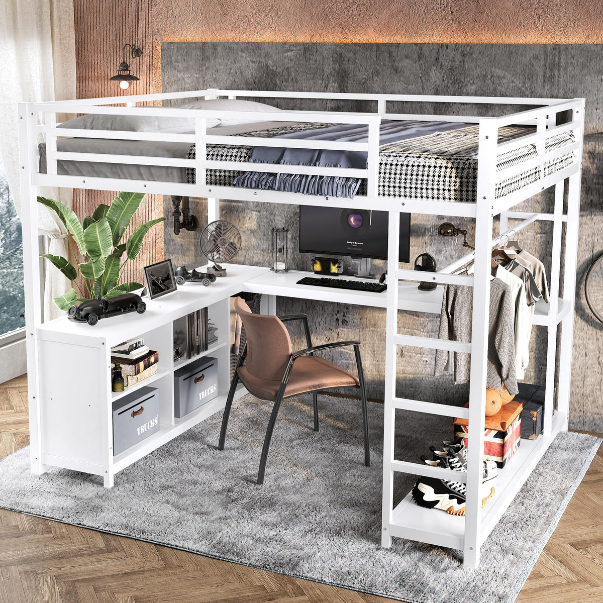 Bellemave Queen Size Loft Bed with Desk & Clothes Rack, All-in-One Heavy Duty Metal Loft Bed Frame with Storage Cube & Shelf, Space Saving Loft Bed Queen Size for Adult, Teen, Kids, Apartment, White