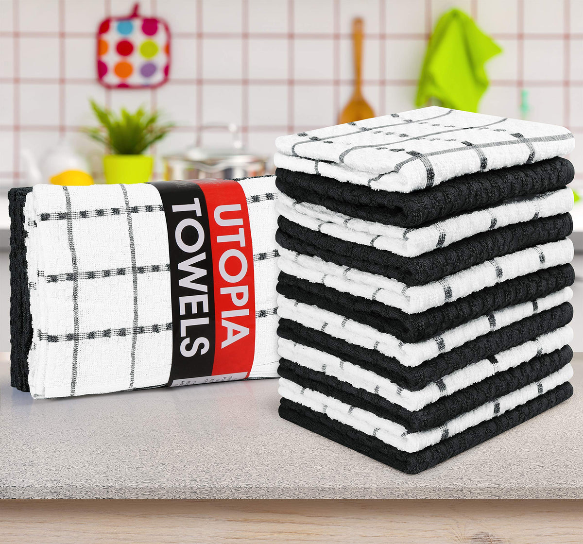 Utopia Towels - Kitchen Towels 12 Pack, 15 x 25 Inches, 100% Ring Spun Cotton Super Soft and Absorbent Linen Dish, Tea and Bar Towels Set, Black