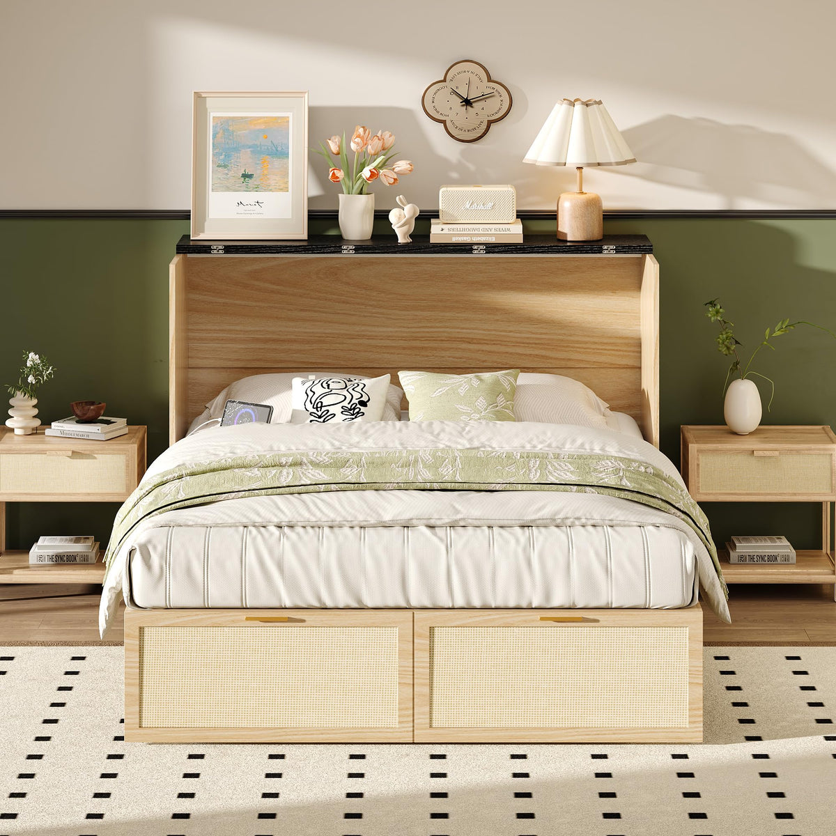 VINGLI Queen Size Rattan Murphy Bed with Storage Drawer,2 Charging Station, Boho,Hideaway Paltform Panel Bed for Small Spaces,Guest Room,Office,Apartment, Space-Saving Cabinet Bed,Oak White