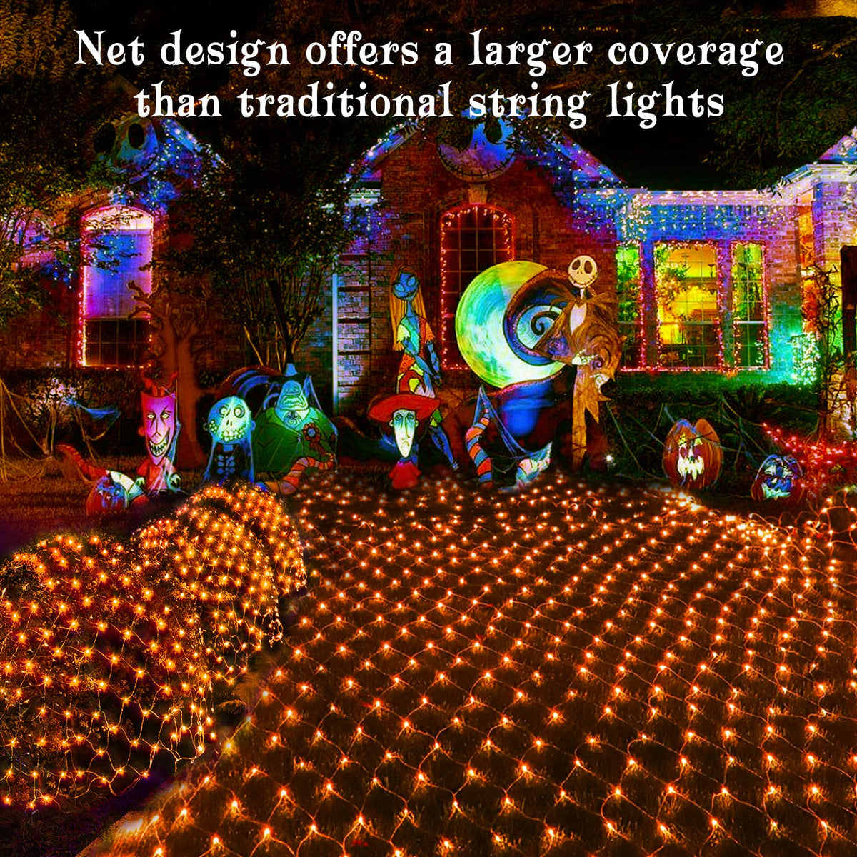 BlcTec Halloween Net Lights 360 LED 9.8ft x 6.6 Orange Halloween Lights with 8 Modes, Timer, Connectable, Waterproof & Dark Green Wire Design for Lawn, Porch, Shrub, Bushes Outdoor Holiday Decorations