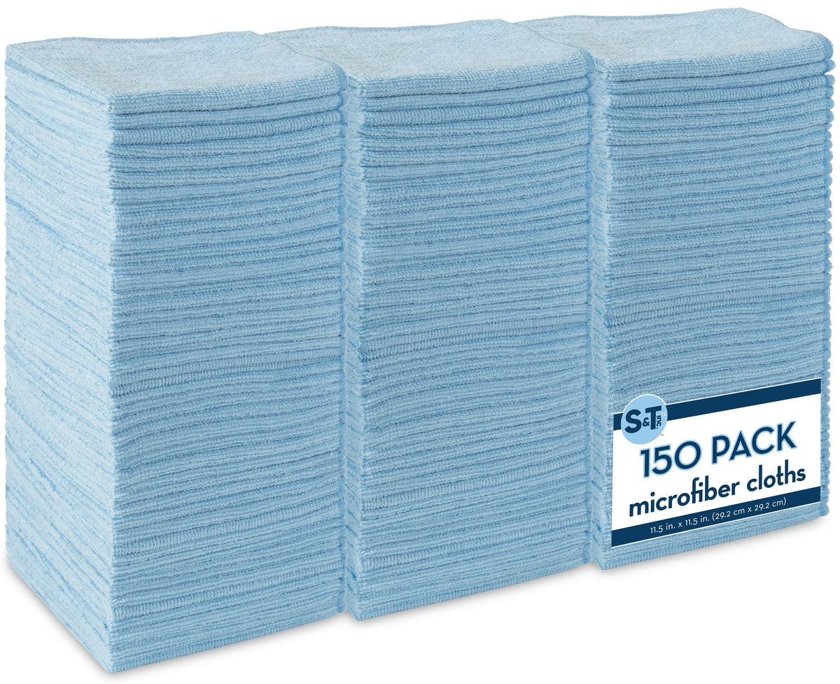 S&T INC. 150 Pack Microfiber Cleaning Cloth, Bulk Towels for Home, Reusable Microfiber Towels for Cars, Cleaning Rags, Light Blue, 11.5 Inches x 11.5 Inches, 150 Count