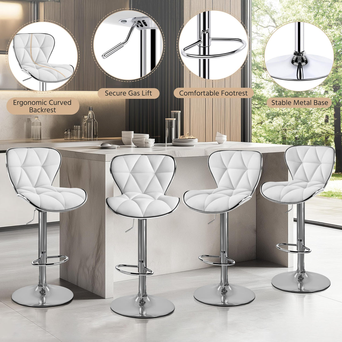 Yaheetech Bar Stools Leather Set of 4, Adjustable Shell Back Barstools with Footrest, Counter Height Bar Chairs with Back for Kitchen Island, White