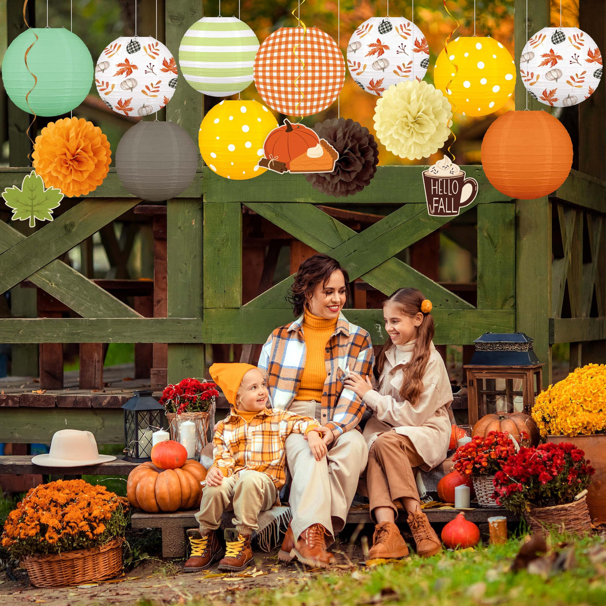 ‎Renbuzhu 16PCS Fall Decorations for Home Paper Lanterns Pom Poms Hanging Swirls Thanksgiving Autumn Friendsgiving Decor for Party Office Birthday Indoor Outdoor