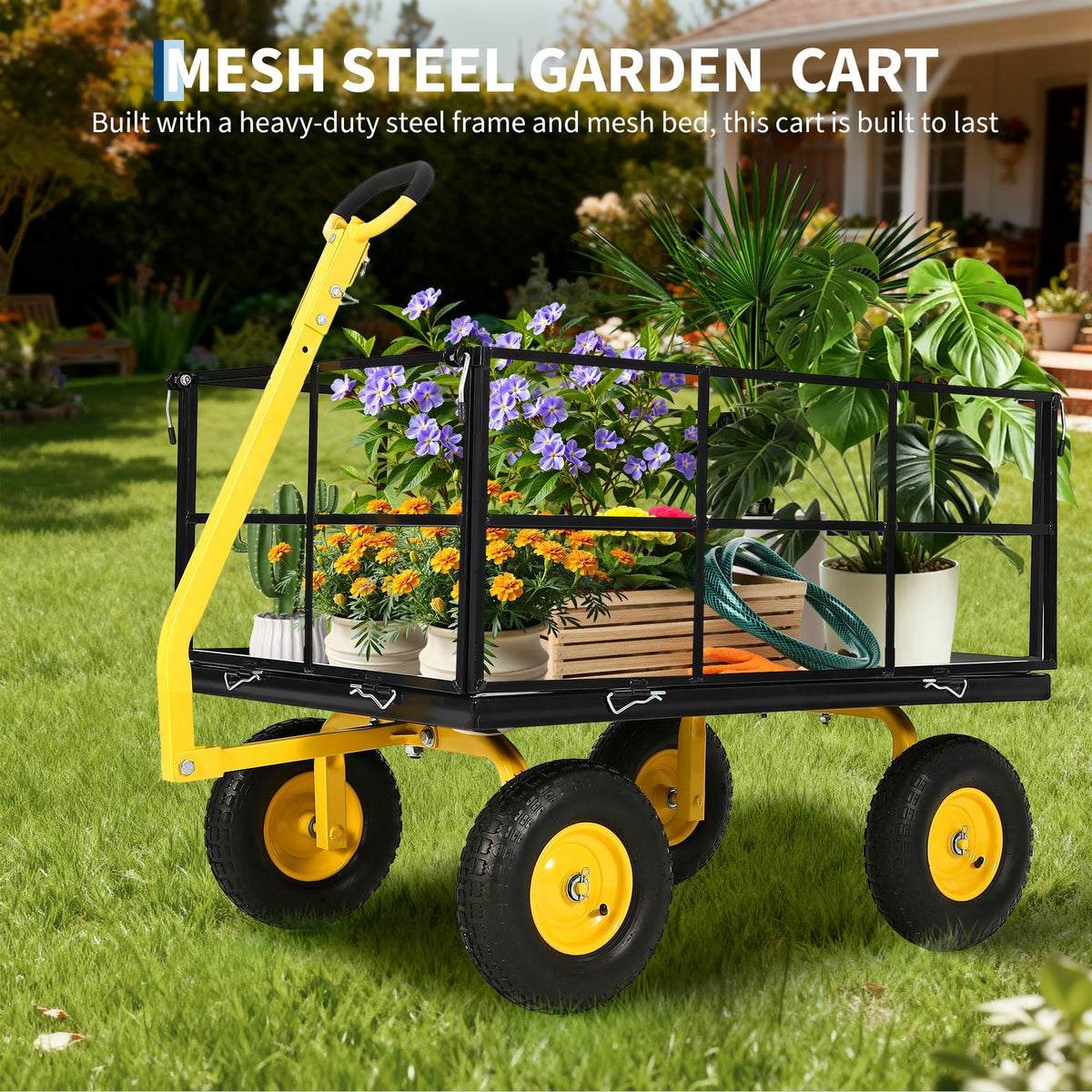 Heavy Duty 1500 Lbs Capacity Mesh Steel Garden Cart Folding Utility Wagon with Removable Sides and Wheels for Transporting Gardening Soil Tools and Plants