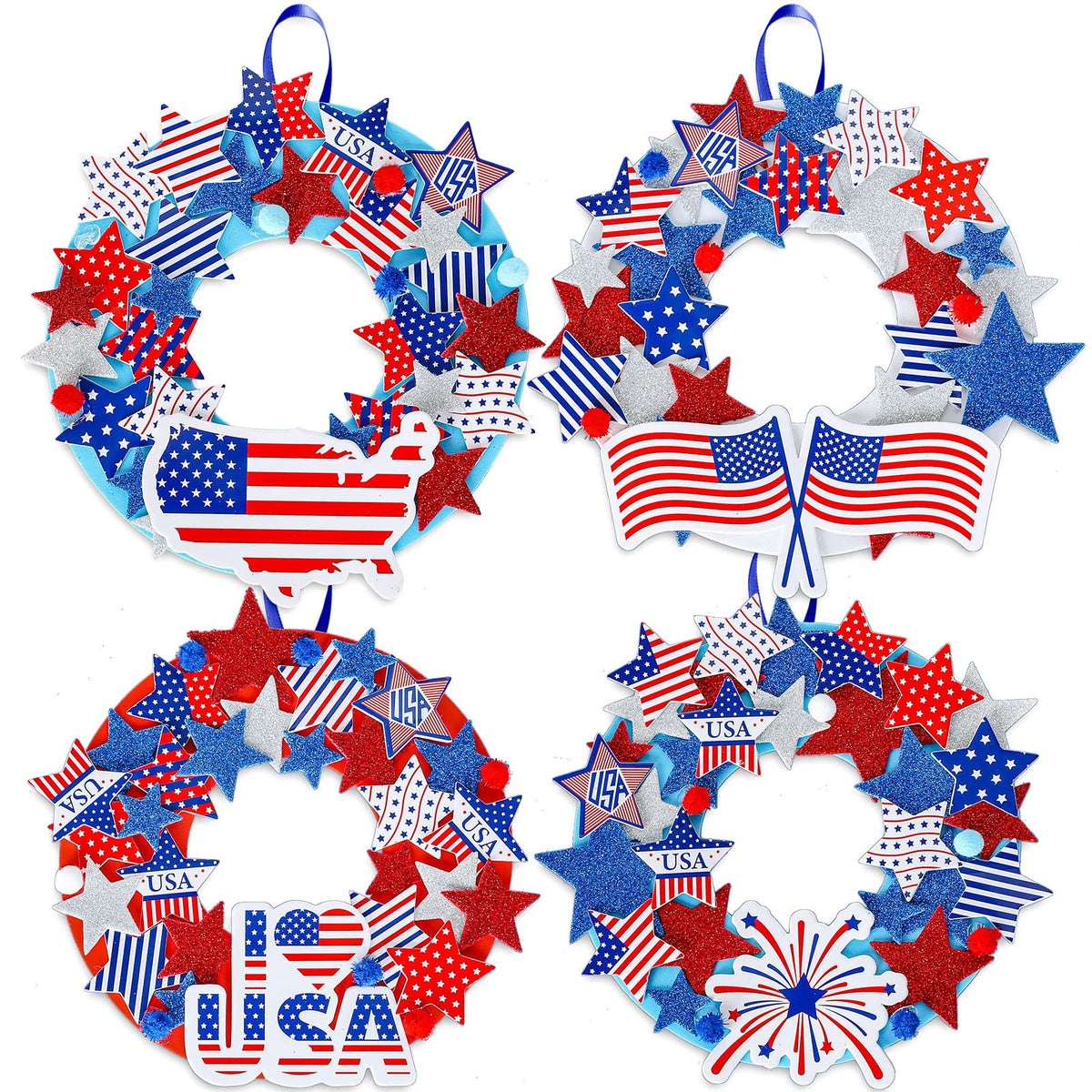 Whaline Patriotic Foam Wreath Crafts Kit American Flag Star Stickers, Glitter Star Stickers, Pompom Ball Eyes, Blue Ribbon 4th of July DIY Foam Wreath Signs for Independence Day Art Projects, 12Pcs