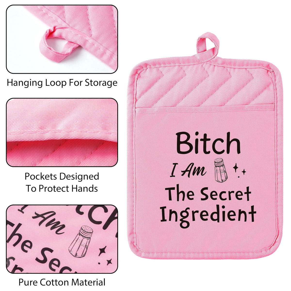 GROBRO7 6Pcs Funny Oven Mitts Pot Holders Baking Gift, I Am The Secret Ingredient Resistant Hot Pad Machine Washable Gloves with Hanging Pocket Potholder for Friend Women Gift for Love Kitchen Cooking