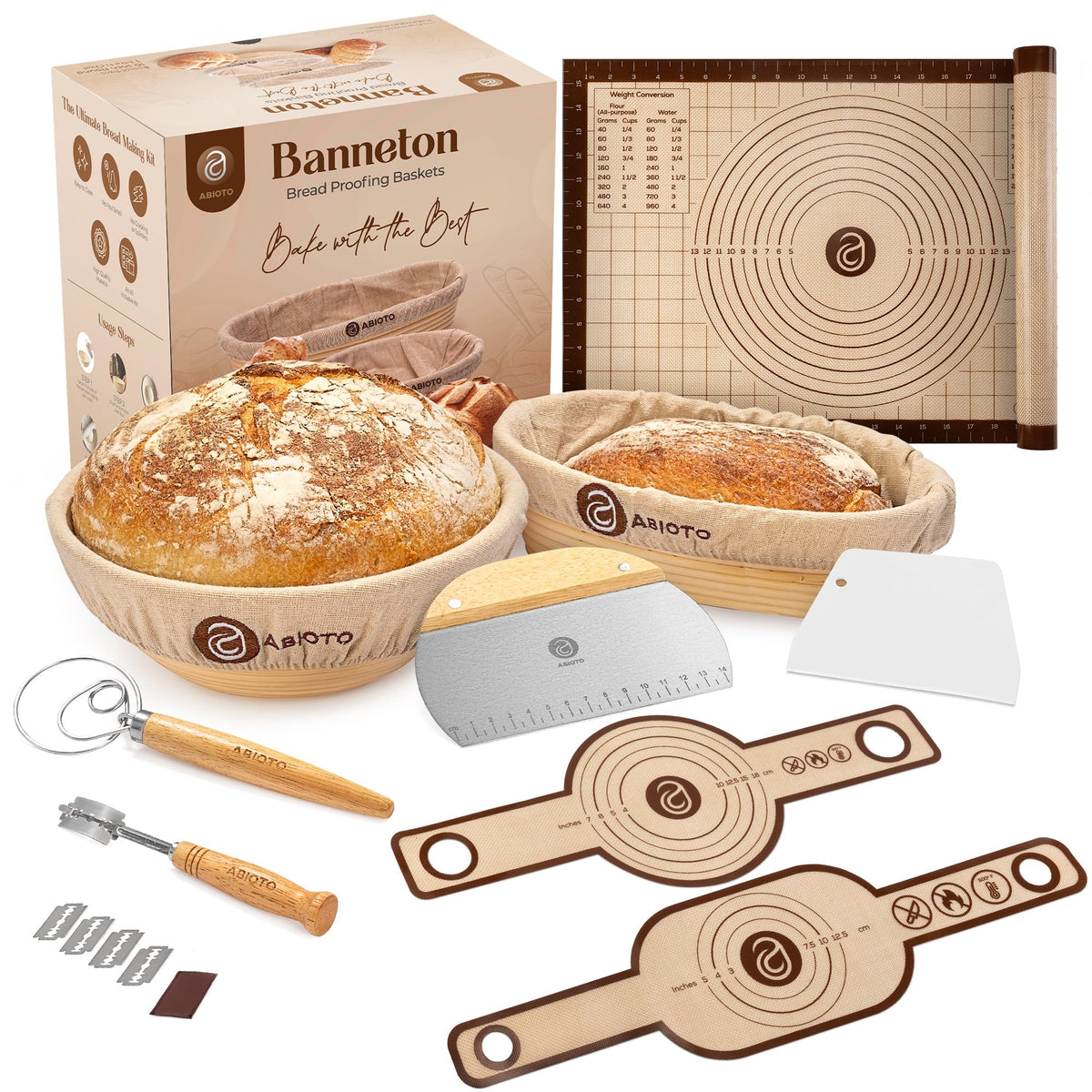 Sourdough Kit with Professional Bread Making Tools - A Complete Sourdough Bread Kit Including 10" Round & 11" Oval Bannetons, Bread Lame, Whisk, Bowl & Dough Scrapers, Slings, and Mat (17-Piece Kit)