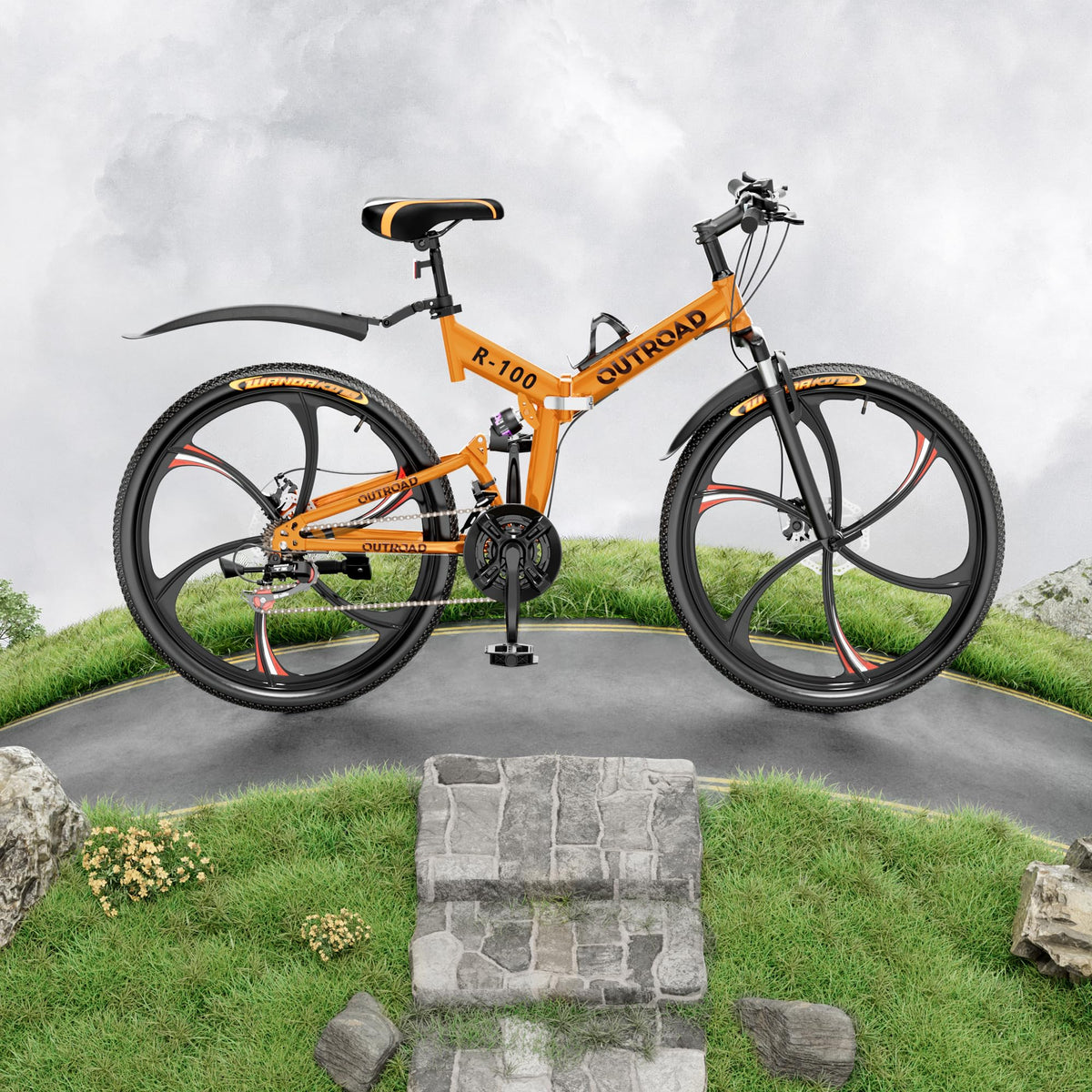 MarKnig 26 Inch Adult Folding Bikes/Mountain Bikes, 21 Speeds Mountain Bicycles with Full Suspension, Dual Disc Brake, High Carbon Steel Frame, Foldable Bike for Men/Women/Teen, HM-Orange